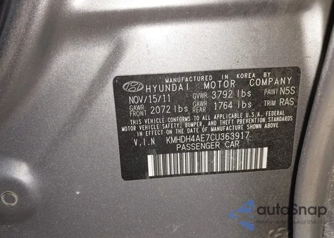 2012 Hyundai Elantra Gls (Ulsan Plant) z USA, uszkodzony, nr VIN KMHDH4AE7CU363917